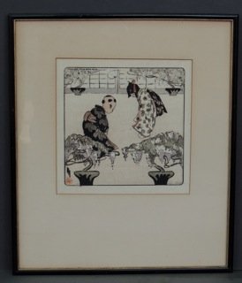 Helen Hyde Color Wood Cut: (American 1868-1919) The Greeting, Color Woodcut, 6 1/2" x 6 1/2"