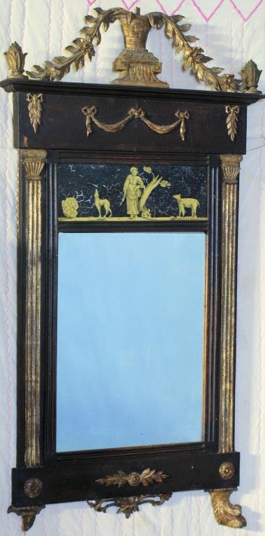 Antique Neo-Classical Style Eglomise Panel Mirror: Mahogany with parcel gilt trim. Reverse painted panel on top. Old repairs and minor losses. 52"H X 25"W.