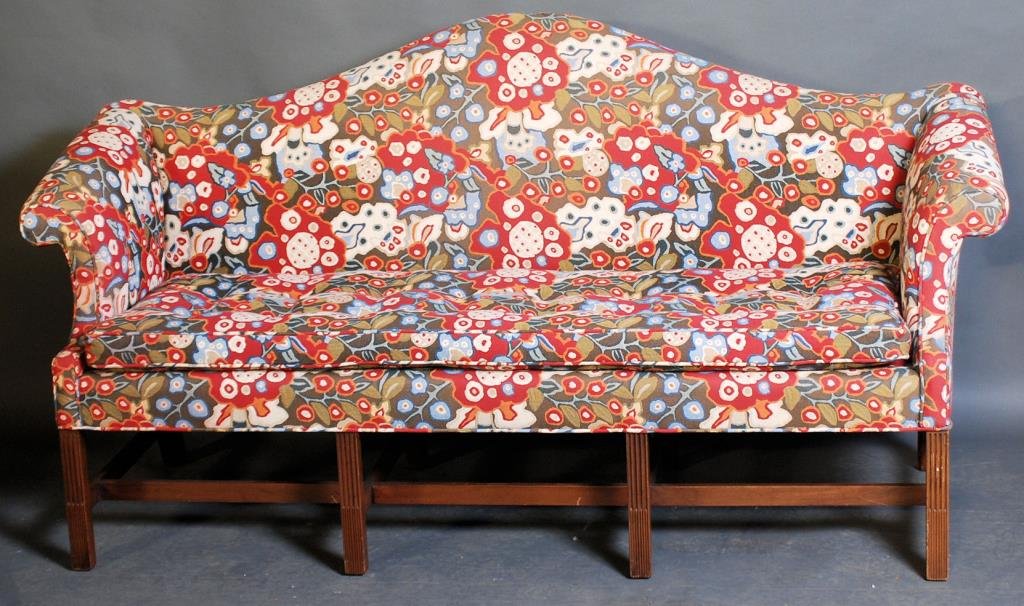 Newport Kittinger Camelback Couch: Historic Newport reproduction Kittinger camelback couch. Mahogany frame with machine tapestry upholstery. 37"H X 70"W X 28 1/2"D. In good condition.