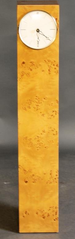 Parlay Design Style Floor Clock by Raymor: Burl walnut case with battery movement. In good condition.