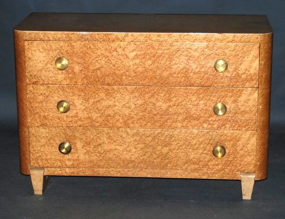 Gilbert Rohde Dresser: Burled walnut veneer. Wear consistent with age - otherwise in good condition. 32"H X 48"W X 21"D.