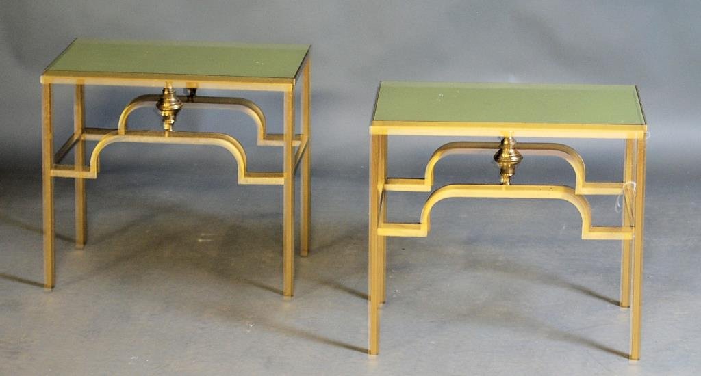 Pair of Tommi Parzinger Style End Tables: Bronze bases with green formica insert section. 18"H X 20"W X 14"D. In good condition.