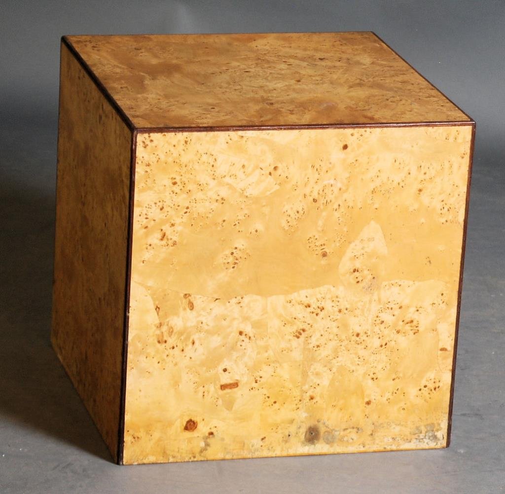 Milo Baughman Style Cube Pedestal: Burl walnut veneer. 17 3/4"H X 17 3/4"W X 17 3/4"D. Minor stains to lower base - otherwise in good condition.