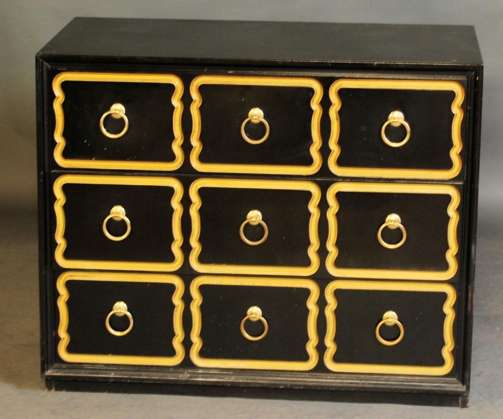 Dorothy Draper Heritage Henredon Chest: Original Espana group ebonized with gilt insized pattern. 3 drawer chest. 31 1/2"H X 38"W X 20"D. In good condition.