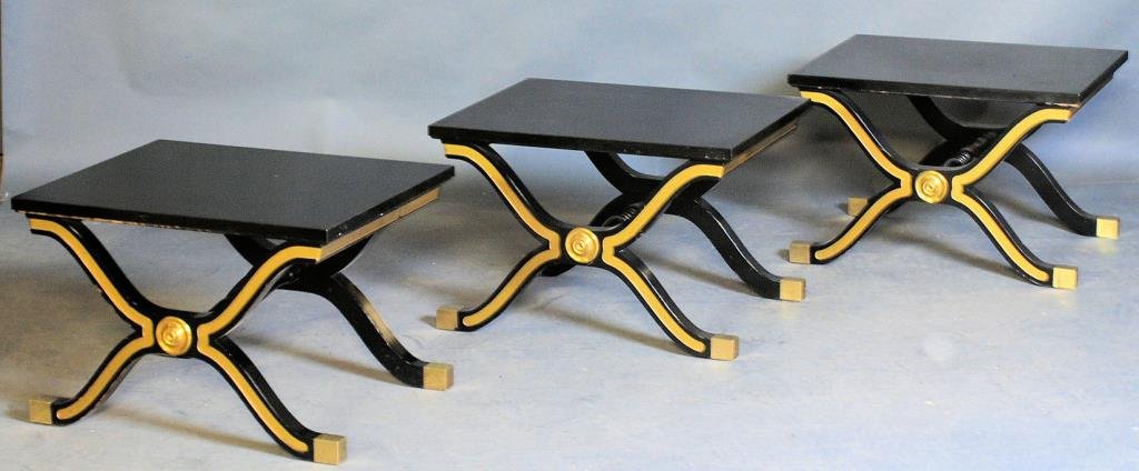 3 Dorothy Draper Heritage Henredon Tabourettes: Ebonized with gilt insized pattern and "X" form bases. Espana group. Stamped on the bottom "Heritage." 16 1/2"H X 24"W X 20"D. Minor surface scratches - otherwise in good condition.