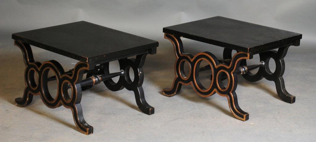 2 Dorothy Draper Heritage Henredon Tabourettes: Ebonized with gilt insized pattern and triple oval pattern base. Stamped on bottom "Henredon." Espana group. 16 1/2"H X 24"W X 20"D. In good condition.