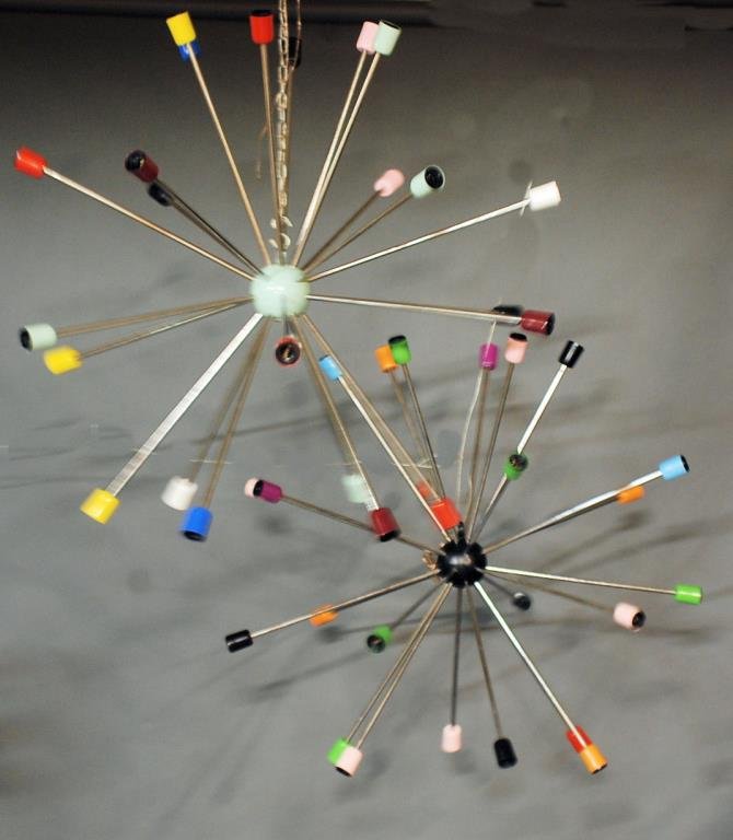 Pr. Large Arredoluce Style Sputnik Chandeliers: Chrome frame with multi-colored, enameled appointments. 43"D. In good condition.