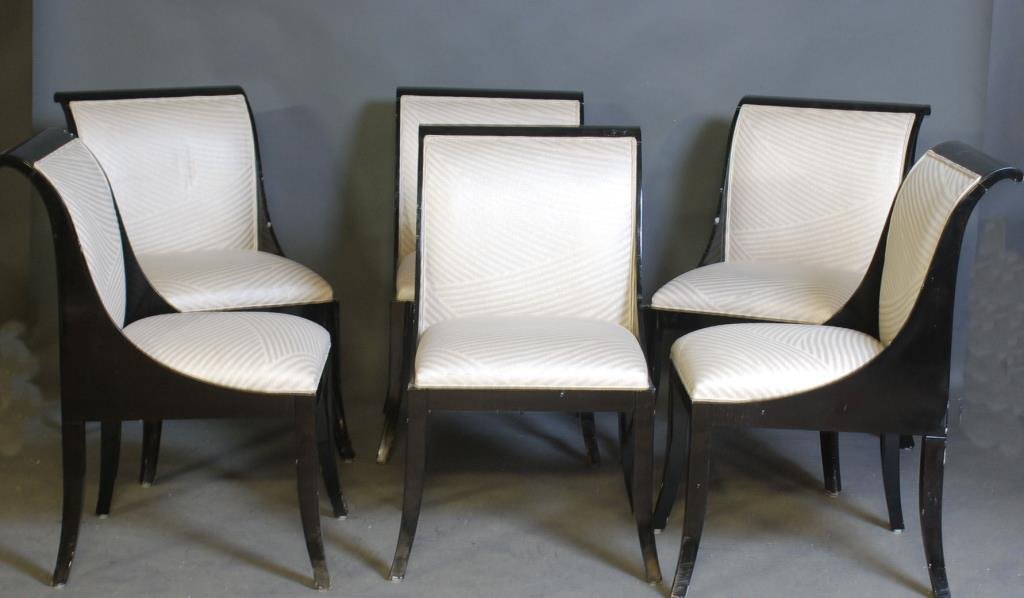 6 Karl Springer Style Dining Room Chairs: Ebonized with striped fabric. 35 1/2"H X 21 1/2"W X 25"D. Minor rubs to finish - otherwise in good condition.
