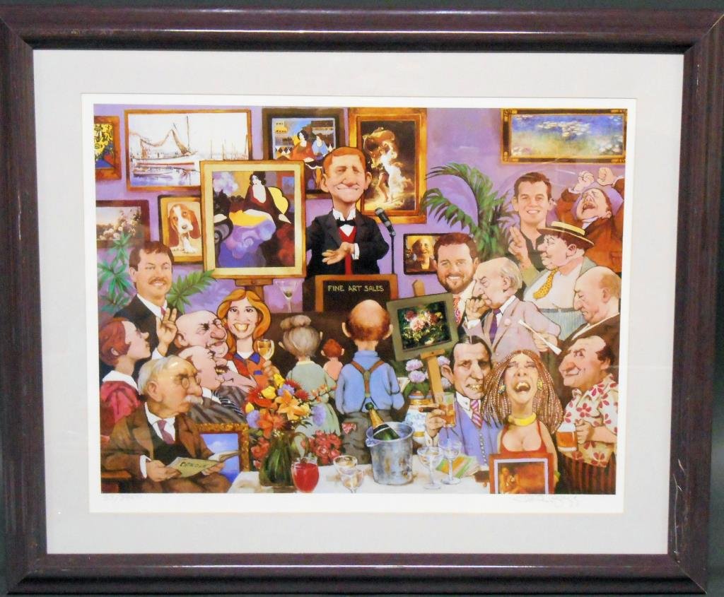 Charles Bragg Signed Lithograph: Charles Bragg signed contemporary 20th c. lithograph, titled “Art Auction”, limited edition #318/3950, 16 ½” (h) x 23 ½” (l) sight size, 26 ½” (h) x 35 ½” (l) overall size framed. Cond