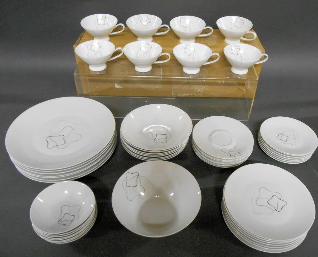 Rosenthal Linear Pattern China Set: Rosenthal China Co. mid century modern era 55 piece Linear (Grey & Black) pattern china set designed by Raymond Loewy, includes: (7) 9 ¾” dinner plates, (8) 7 5/8” salad plates, (7) 6” bread & 