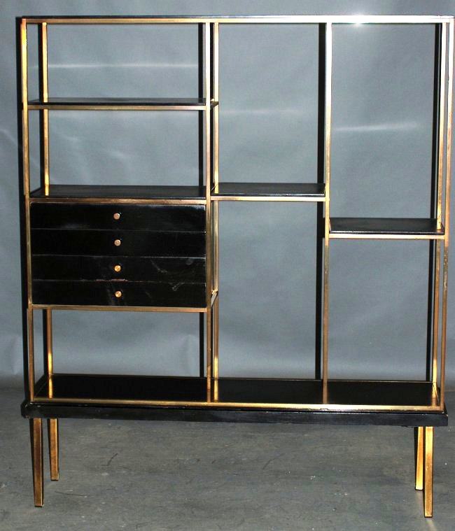 High Style Ebonized & Bronze Etegere By Furnette: Ebonized wood with bronze frame on a base. Minor paint loss otherwise in good condition. Not labeled. 63"H X 53"W X 12"D