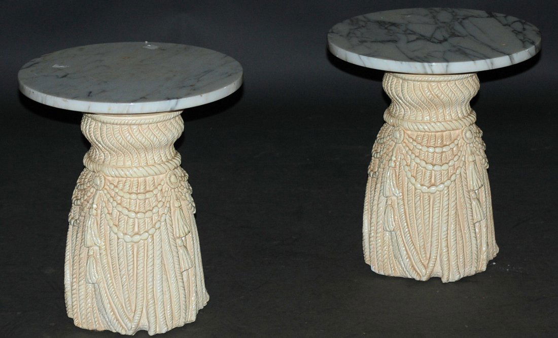Pr. Serge Roche Style Marble Top Tables: White marble tops on plaster tassel form bases. In good condition. 18 1/2"H x 16"Dia.