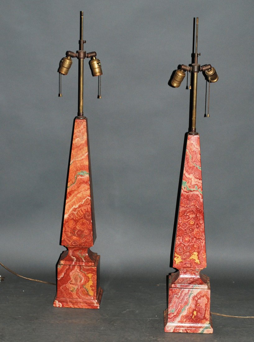 Pr. Marble Obelisk Form Lamps: Rouge veined marble lamps. In good condition.