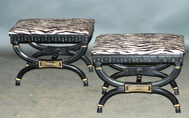Pair of Regency Style X Form Benches: Ebonized with gilt trim and faux zebra covering. In good condition. 17"H x 23"W x 15 1/2"D.