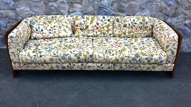Danish Modern Couch: Rosewood frame with crewel work upholstery
