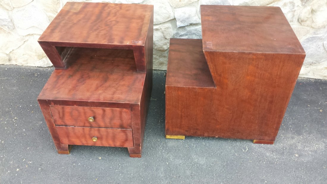 Pair of Paul Frankl "Speed Design " End Tables: Mahogany with brass capped front feet and knobs