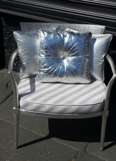 Robsjohn Gibbings Style Slipper Chair: Silver-leafed wood finish, foil upholstery and caned back