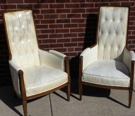 Pair of Tommi Parzinger Style Leather Occasional Chairs: Walnut frames with white leather upholstery