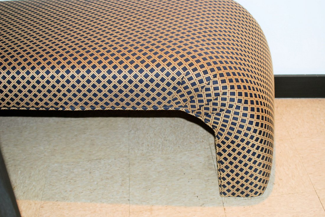 Karl Springer Style Window Bench: Blue and gold diamond pattern upholstery.