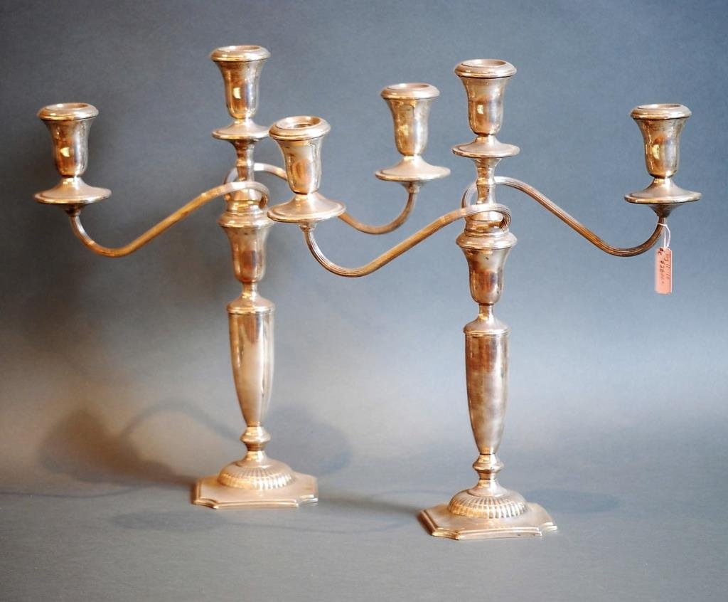 Lot of 2 S.S. 3- Light Reed & Barton Candelabras: Lot of 2 S.S. 3- Light Reed & Barton Candelabras Lot of 2 S.S. 3-Light Reed & Barton Candelabras weighted with detachable top. 15"H Condition: Minor wear consistent with age and use