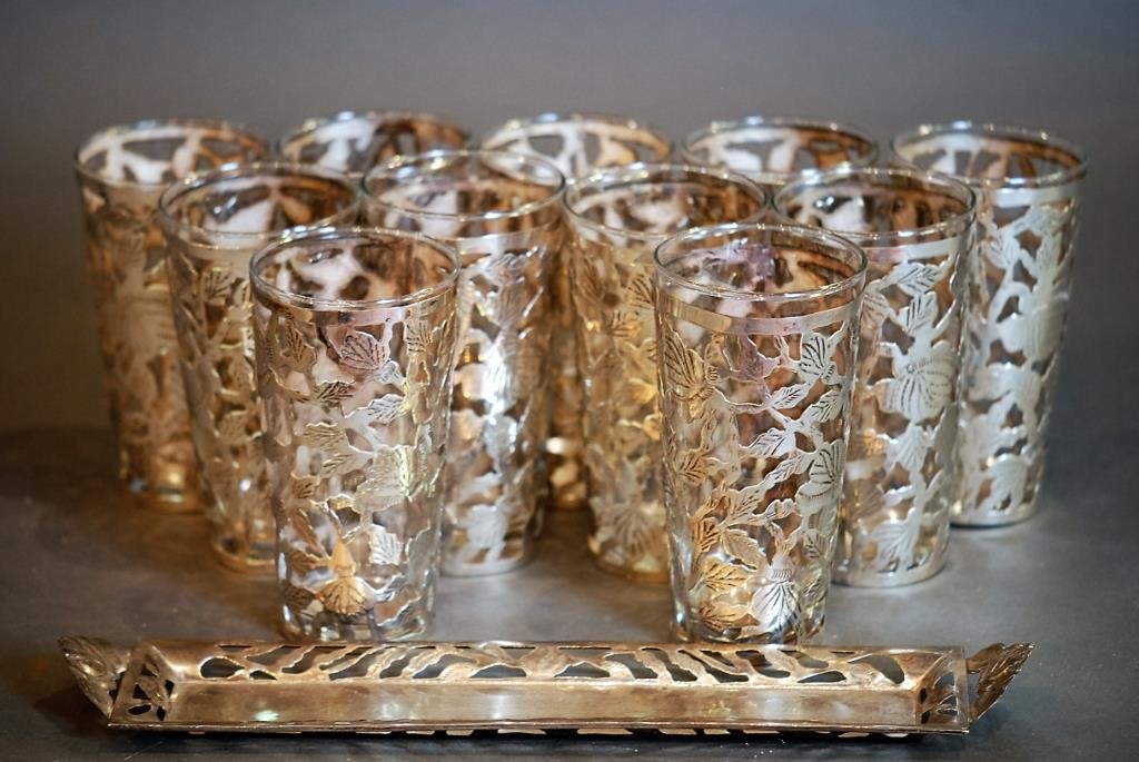 Lot of 11 Mexican S.S. & Glass Tumblers & a Tray (1 of 2)