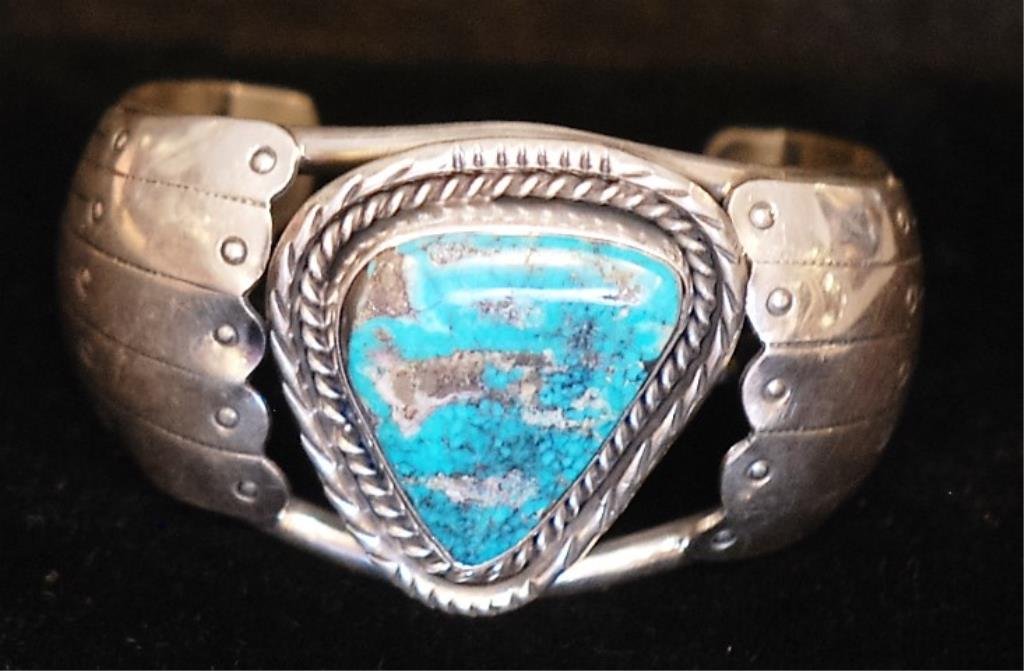 Native Amer. Indian S.S. & Turquoise Cuff Bracelet (1 of 4)