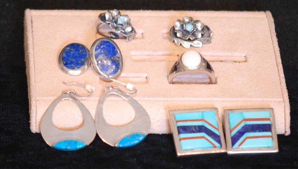 Lot of 6 S.S. Earrings & Ring: Lot of 6 S.S. Earrings & Ring Vintage & retro era sterling silver earrings and ring lot including pierced earrings with turquoise, coral and lapis, pierced earrings with turquoise, pierced earrings wi