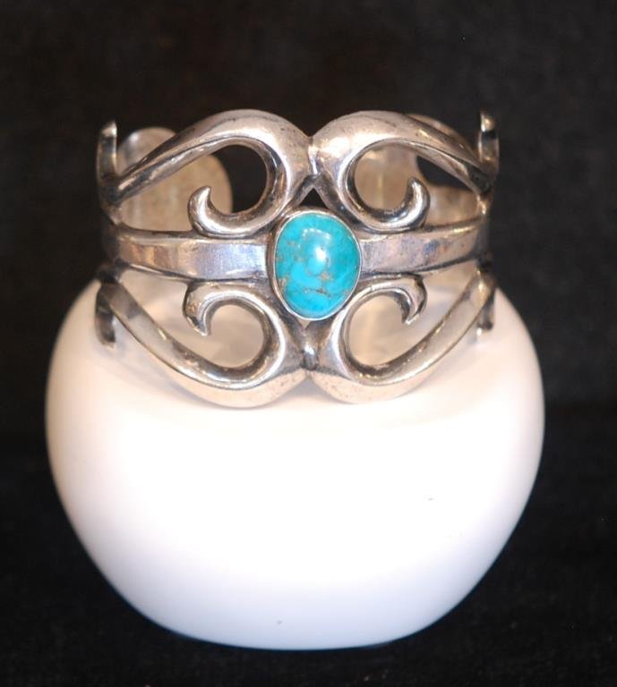 Native Amer. Indian S.S. & Turquoise Cuff Bracelet (1 of 2)