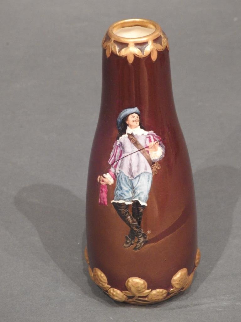 Royal Bonn Cabinet Vase: Royal Bonn Cabinet Vase, 7:high with cavalier decoration, signed on bottom. Condition: Good.