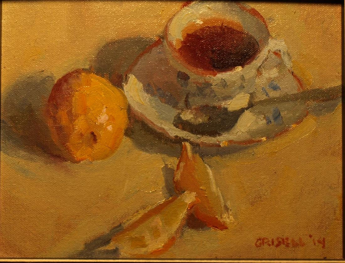 "Earl Grey", Susan Grisell: Still life with cup, saucer, teaspoon, lemon and lemon slices. Oil. Image size in inches: 8x10. Framed size in inches: 10x12. Salmagundi Club, a not-for-profit 501(c)(3) organization, was founded in 1