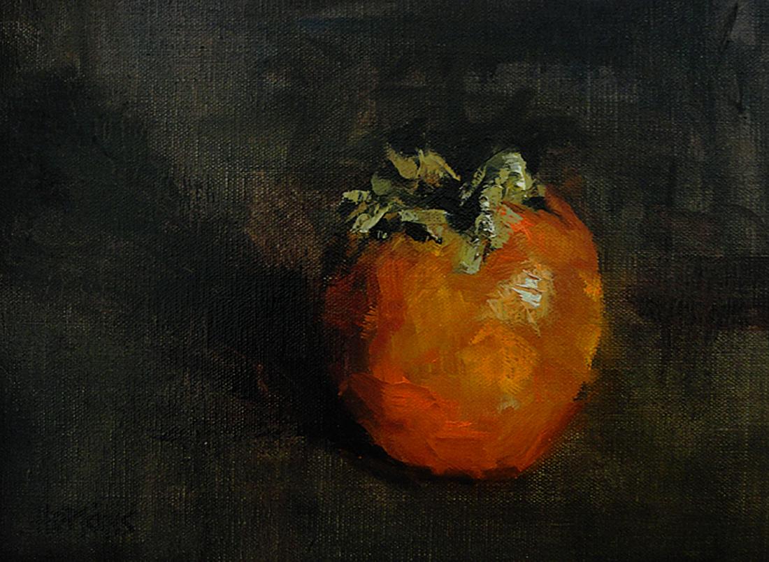 "Just One Persimmon", Julie Hopkins: A little color in winter, as provided by this ripe persimmon. Oil. Image size in inches: 7 x 9. Framed size in inches: 11 x 13. Salmagundi Club, a not-for-profit 501(c)(3) organization, was founded in