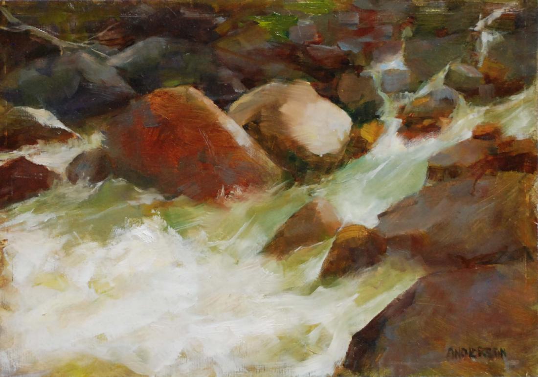 "Rocky Mountain Waterfall", Kathy Anderson: Painted Plein Air at Rocky Mountain National Park. Oil. Image size in inches: 7x10. Framed size in inches: 11x14. Salmagundi Club, a not-for-profit 501(c)(3) organization, was founded in 1871 and flou