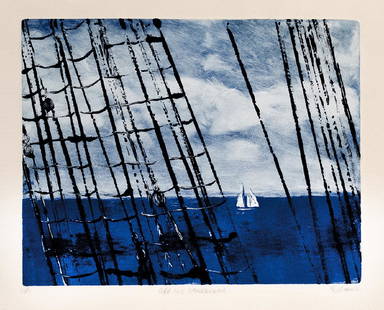 "Off the Starboard", Karen Loew: The view is from the Coast Guard Barque Eagle, as observed by the artist when she sailed on the tall ship during "Swab Summer" a couple years ago. Monotype. Image Size: 7.25x9.25 Inches. Framed: 14x18