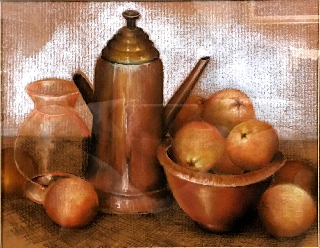"Copper Pot with Oranges", Laurel Reuss: Copper Pot with Oranges. Pastel. Image Size: 14x11 Inches. Framed: 20x16 Inches. Laurel Devoti Reuss has been an award winning Club member for almost twenty years. She has served on Club committees an