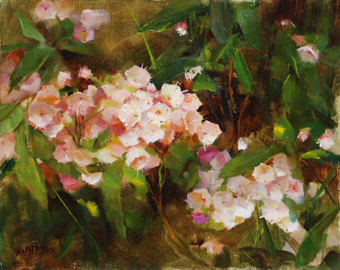 "Study for Mountain Laurel", Kathy Anderson: One of the favorite late spring flowers. Oil. Image Size: 8x10 Inches. Framed: 13x15 Inches. Kathy Anderson is an artist member of the Salmagundi club and is just back from Bozeman, MT where she had a