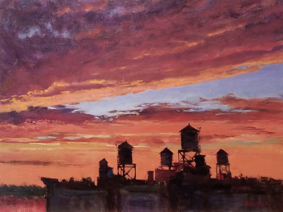 "Water Towers at Sunset", Peter Salwen: Both practical and weirdly decorative, these hand-made tanks are an iconic feature of the New York skyline. Oil. Image Size: 12x16 Inches. Peter Salwen is a self-confessed New York obsessive. Salmagun