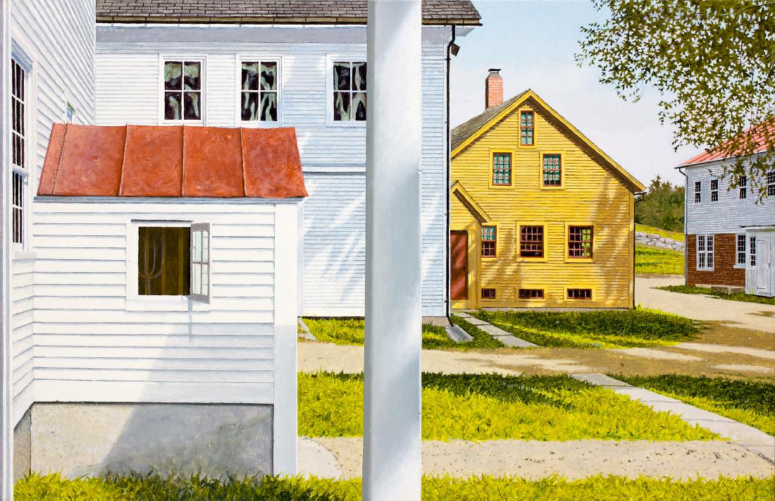 "Shops", Walter Hatke: Shaker buildings & grounds of Canterbury, NH. Oil on canvas. Image: 15x23 inches. Framed: 16x24 inches. Walter Hatke's work is represented by Gallery Henoch in Chelsea. His work is collected throughou