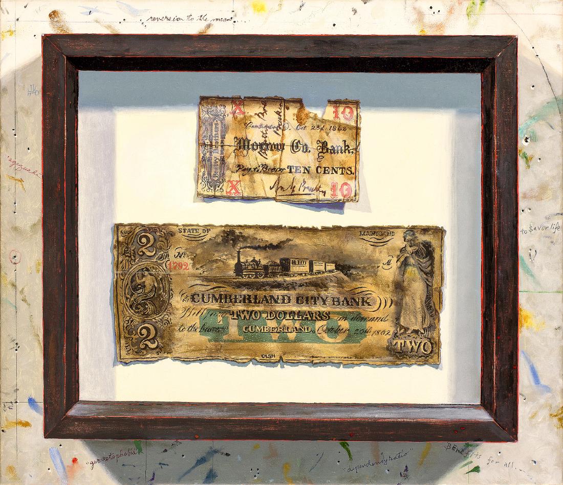 "Old Money (larger than life)", Walter Hatke: Trompe l'oeil depicting framed Confederate currency. Oil on canvas. Image: 15.5x18 inches. Framed: 16x19 inches. Walter Hatke's work is represented by Gallery Henoch in Chelsea. His work is collected