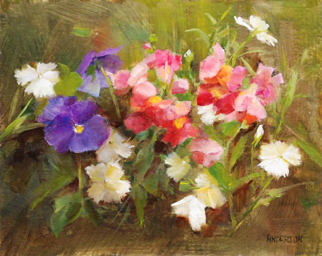 "Blue Pansy with Snapdragons", Kathy Anderson: This painting started as a demo done at the Scottsdale Artists School, the focus being how to create clean believable colors, and compose a painting with mixed flowers. Oil. Image: 8x10 inches. Kathy