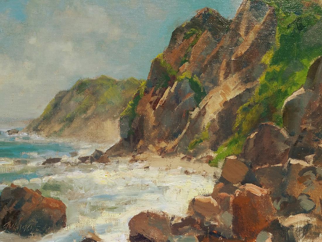 ”Island Coastline", Jonathan McPhillips: The cliffs of Block Island, sun-drenched and lightly veiled by mist from the crashing surf. Oil. Image size: 9 x 12: Framed: 15 x 18 x .75. Graduated from Connecticut College in 1993 with a Cum Laude 