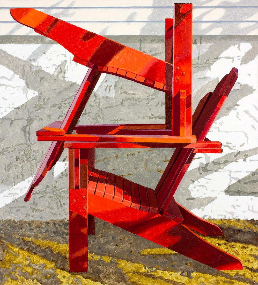 ”Adirondack Chairs”, Walter Hatke: A still life painting of two red Adirondack chairs stacked before a white wall. Oil on Canvas. Image size: 40x36. Based in NY and represented by Gallery Henoch - Exhibited in many solo and group exhib