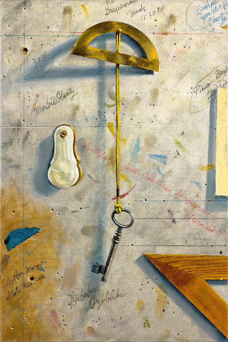 ”Venetian Key”, Walter Hatke: A still life painting, depicting objects set against the wall of the artist's studio. Oil on Canvas. Image size: 16.5x11.5. Based in NY and represented by Gallery Henoch - Exhibited in many solo and g