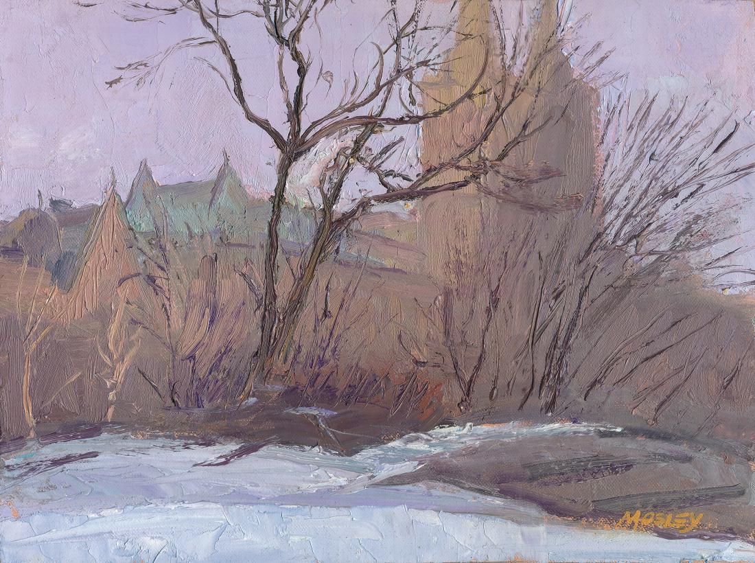 ”San Remo in Winter”, Walter Mosley: Plein air landscape painting of the San Remo and Dakota apartments in the winter snow. Oil. Image size: 9x12. Framed: 14x17x2. American Artist Professional League Fellow - Studied at the Art Students 