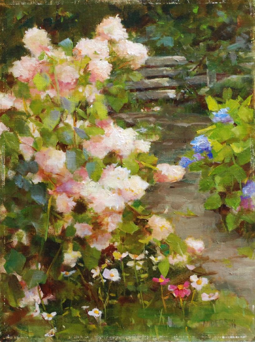 ”Pink Hydrangea”, Kathy Anderson: A still life plein air painting of fall hydrangeas. Oil. Image size: 12x9. Framed: 17x14. Artist member of the Salmagundi Club and the National Arts Club - Award winning artist and nationally recogniz