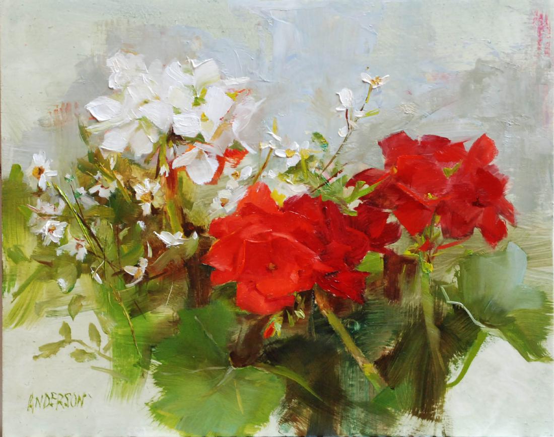 Geraniums, Kathy Anderson: A life demo of geraniums and wax flowers. Oil. Image Size: 8x10 inches. Framed: 11x13 inches. Kathy Anderson is a Master Signature member of Oil Painters of America. She is an award winning artist rep