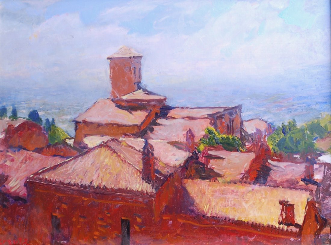 "Assisi Rooftops", Gregg Kreutz: Oil. Image Size: 12x16. Framed: 19x23. Gregg pursued his interest in painting at the Art Student's League, winning a merit scholarship and studying with Frank Mason, Robert Beverly Hale, and David A. 