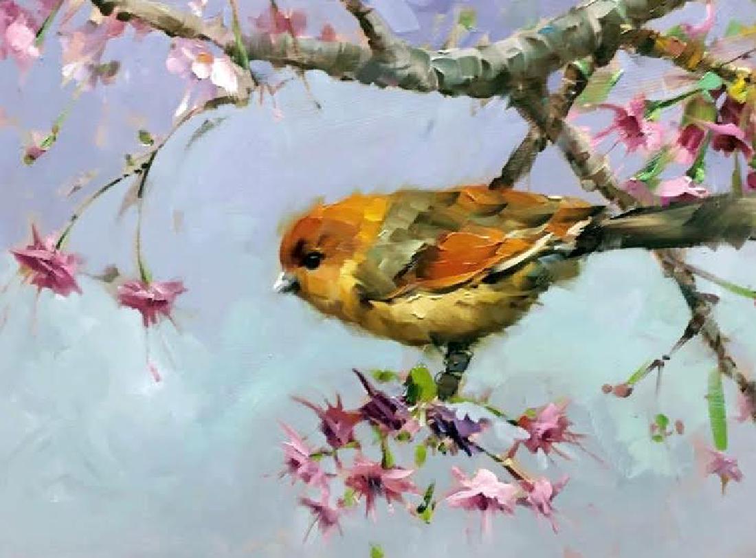 Blossom, Mostafa Keyhani: In order to see birds it is necessary to become a part of the silence. Oil. Image Size: 14X18 inches. Framed: 17x21 inches. Mostafa's work is essentially in be field of modern impressionism. Light pla