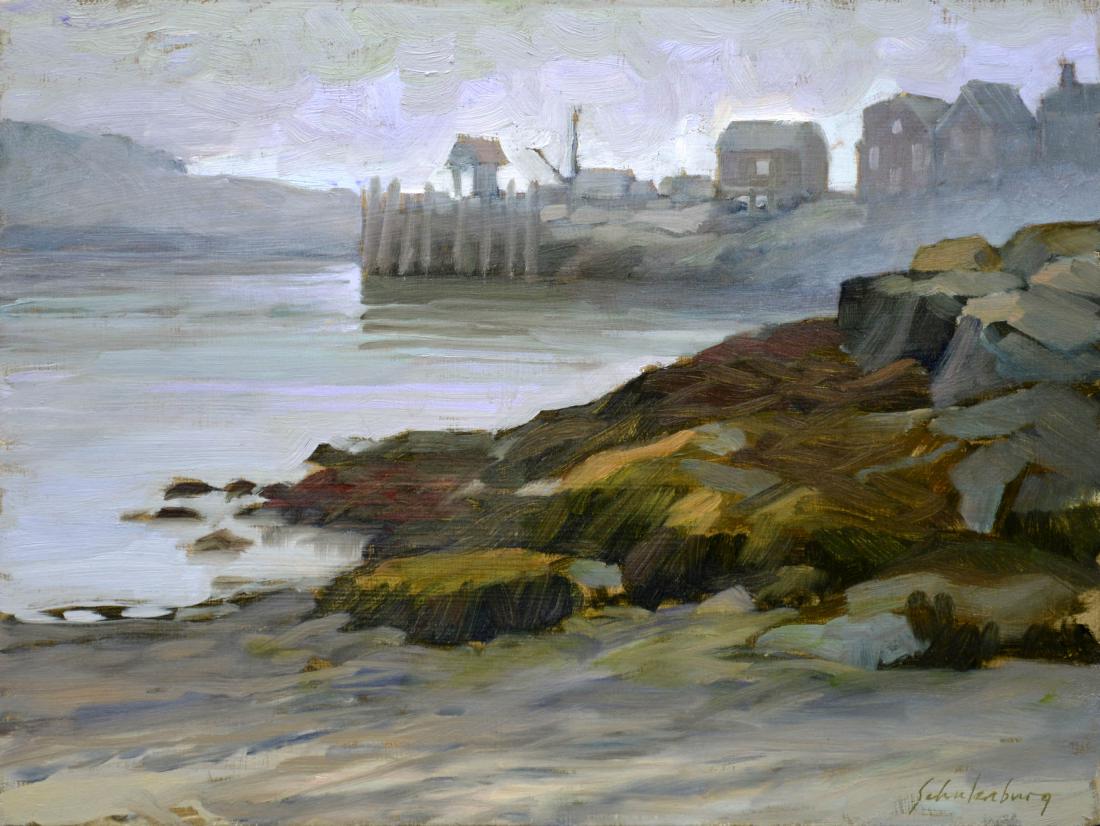 Monhegan Harbor, Paul Schulenburg: Plein air study of a misty day, Monhegan Island, Maine. Oil on Panel . Image Size: 12x16x1 inches. Framed: 18x22 inches. Paul Schulenburg received a BFA in oil painting from Boston University. His pai