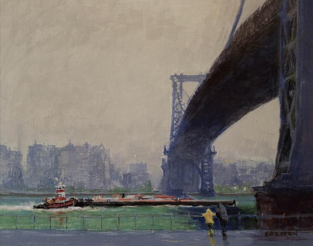 East River Mist, Peter Salwen: Near the foot of the Williamsburg Bridge, two small figures watch the East River boats and the misty Manhattan skyline. Oil. Image Size: 11x14 inches. Although he is a lifelong New Yorker, also having