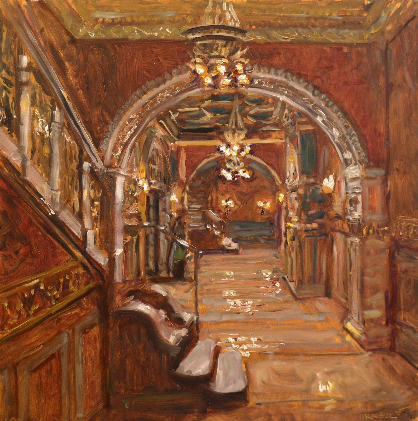 Salmagundi: Robert Beck: This Salmagundi work of art is titled, "Osborne Lobby." It is painted live in the lobby of the Osborne Apartments, across from Carnegie Hall. Oil on Panel. Image Size: 16" x 16." Framed: 21" x 21." Ne
